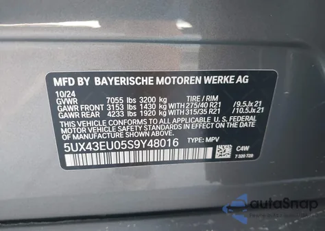 2025 BMW X5 Phev xDrive50E from USA, damaged, VIN 5UX43EU05S9Y48016